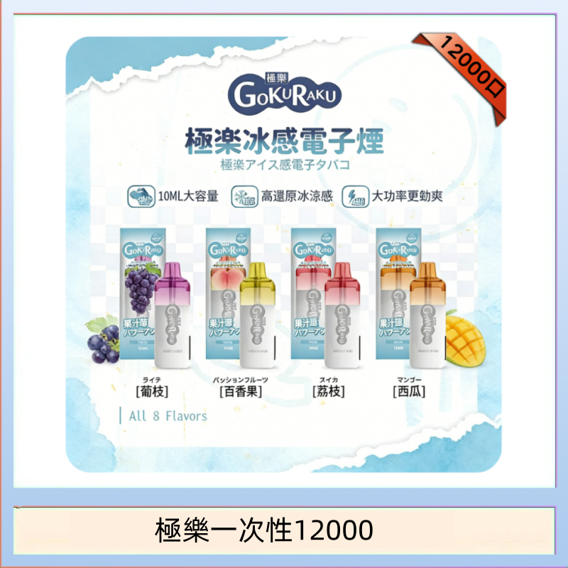 【8種口味】極楽 12000口一次性電子煙|超大容量 |口感絲滑|新品